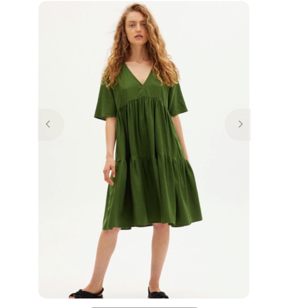 Thinking Mu‎ Fresia Dress Women's L Green Hemp Tencel Tiered Midi Lagenlook Boho